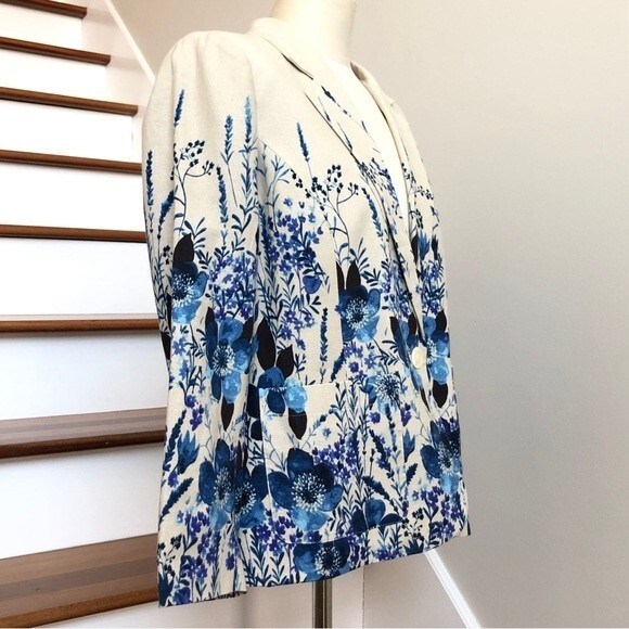 Norm Thompson Blazer Womens Large Blue Linen Floral Watercolor Blend One Button - Picture 8 of 15